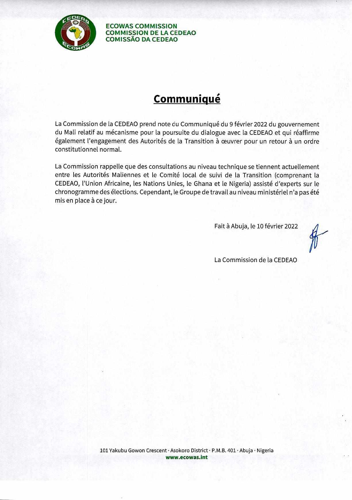 La CEDEAO prend acte de la mise en place du mécanisme de concertation mise en place par les dirigeants du Mali